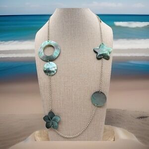 AMI Black Mother of Pearl Iridescent Shell Statement Necklace Flower Star Disc
